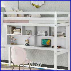 Solid Wood High Sleeper White Loft Bunk Bed with Desk and Shelves 3FT Single Bed