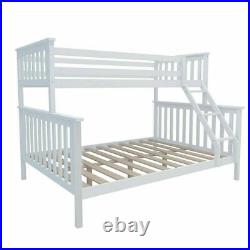 Solid Wooden Triple Bunk Bed Frame with Headboard & Stairs Children Kid Teen White