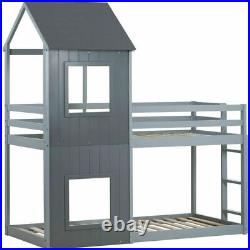 Treehouse 3FT Single Bunk Bed Wooden Bed Frames Kids Sleeper House Canopy Grey