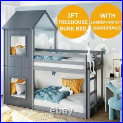 Treehouse Single Bunk Bed Wooden Frame 3FT Kids Sleeper Pine House Canopy Ladder