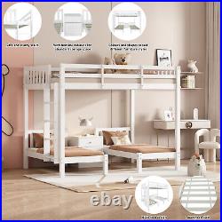 Triple Bunk Bed 4ft6 Double Kids Pine Wooden Bed Frame in White with 70x140 cm Bed