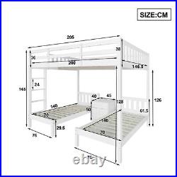 Triple Bunk Bed 4ft6 Double Kids Pine Wooden Bed Frame in White with 70x140 cm Bed