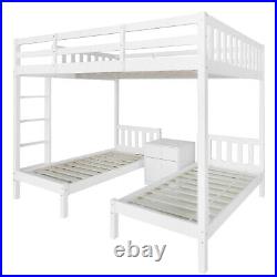 Triple Bunk Bed 4ft6 Double Kids Pine Wooden Bed Frame in White with 70x140 cm Bed