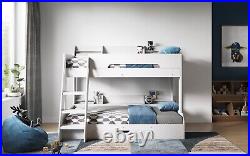 Triple Bunk Bed Wood White, Grey or Oak With Shelves And Drawer Included