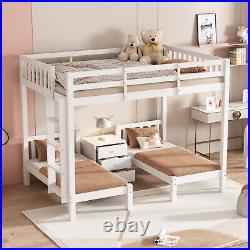 Triple Bunk Beds 4ft6 Double Bed Pine Wood Bed Frame High Sleeper with Nightstand