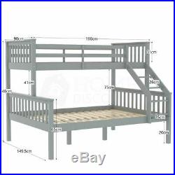 Triple Sleeper Bunk Bed Frame Solid Pine Wood Kids Double 4FT6 & Single 3FT Grey