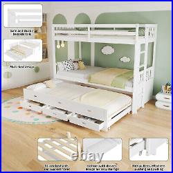 Triple Sleeper Bunk Bed White Wooden Bunk Bed with 3 Storage Drawers and Trundle