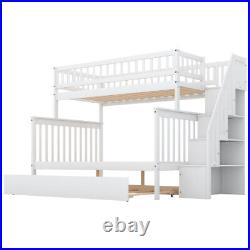 Twin Over Full Bunk Bed with Trundle and Staircase in Gray and White
