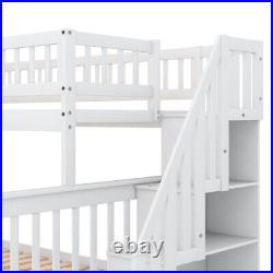 Twin Over Full Bunk Bed with Trundle and Staircase in Gray and White