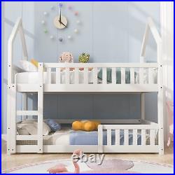 Twin Sleeper Bed with Ladder, Bunk Bed, Wooden Bed Frame for Kids (White)