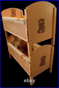 Vintage Badger Toys Pink Wicker Doll Bunk Bed Bassinet Kitten Decals Lace CUTE