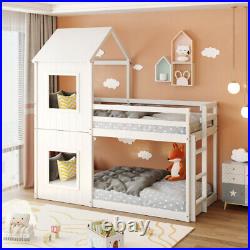 White 3FT Treehouse Bunk Bed Cabin Bed Frame Pine House Canopy Ladder Children
