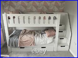 White Wooden Bunk Beds With Steps And Integrated Storage