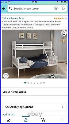 White wooden bunk beds with single on top and double on bottom. Self assemble