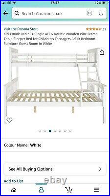 White wooden bunk beds with single on top and double on bottom. Self assemble