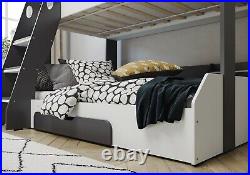 Wooden Bunk Bed Frame Triple Bunk Grey Shelving Storage Childrens Flick