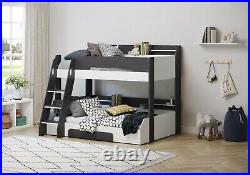 Wooden Bunk Bed Frame Triple Bunk Grey Shelving Storage Childrens Flick