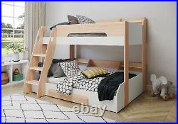 Wooden Bunk Bed Frame Triple Bunk White Oak Shelving Storage Childrens Flick