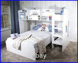 Wooden Bunk Bed Frame Triple Sleeper L Shape White Shelf Storage Wizard