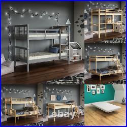 Wooden Bunk Bed Kids Children 3ft, 4ft6 Bed Frame Stairs With Mattress Option