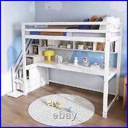 Wooden Bunk Bed Loft Bed for Kids with Storage Stairs and Desk 90x190 cm