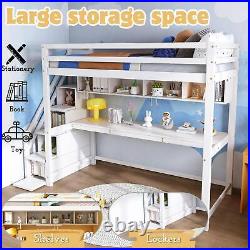 Wooden Bunk Bed Loft Bed for Kids with Storage Stairs and Desk 90x190 cm