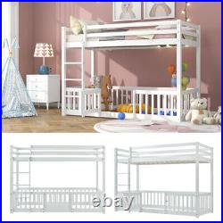 Wooden Bunk Bed with Fences & Door, Kids Bed with Fall Protection and Railings