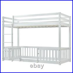 Wooden Bunk Bed with Fences & Door, Kids Bed with Fall Protection and Railings