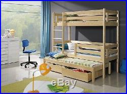 Wooden Bunk Beds Solid New 3 Sleeper Triple Bed Basic Foam Mattresses Storage