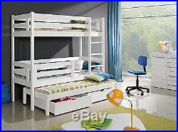 Wooden Bunk Beds Solid New 3 Sleeper Triple Bed Basic Foam Mattresses Storage