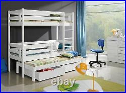 Wooden Bunk Beds Solid Pine High Sleeper Triple White Basic Foam Mattresses
