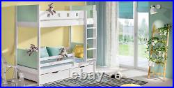 Wooden Bunk Double Bed Children Youth Room New Modern Floor Bed White Plus Green