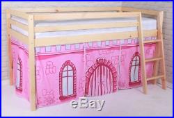 Wooden Cabin Loft Solid Pine Bed Bunk Mid Sleeper 2ft 6 Single Kids Girls Tent