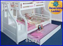 Wooden Luxury Triple Sleeper Bunk Bed Storage Stairs & Trundle White or Pine