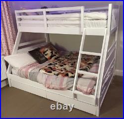 Wooden Triple Bunk Bed with Drawers c/w Top Single Mattress