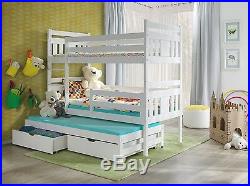 Wooden Triple Bunk Beds 3 Sleeper White Detachable with mattresses and storage