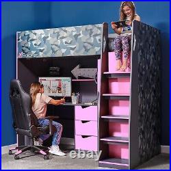 X ROCKER Hideout High Sleeper Bunk Bed Storage Desk Single 3ft Gaming PINK